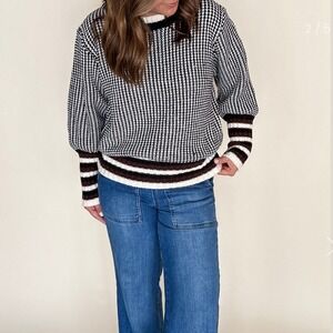 Vine & Love Womens Polka Dot & Striped Ballon Sleeve Crewneck Pullover Sweater-M
